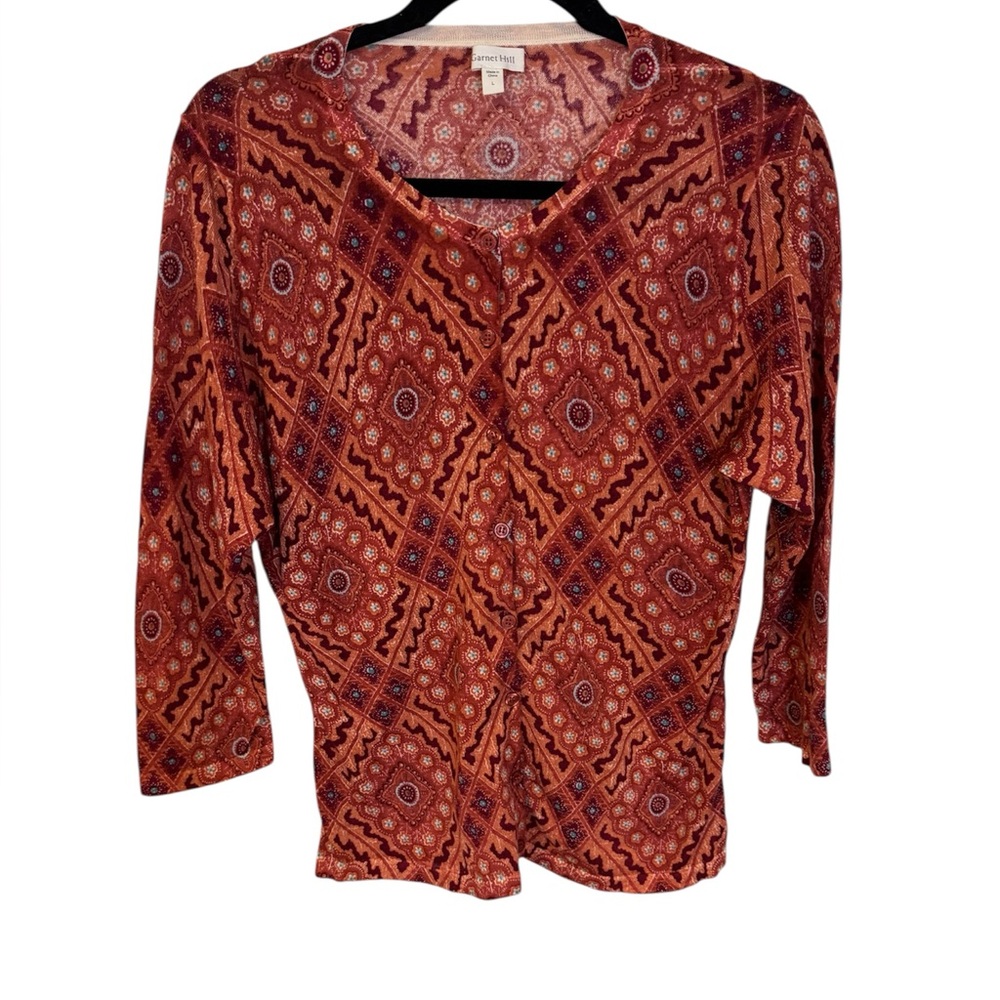 Garnet Hill Rust-Patterned V-Neck Long Sleeve Top - image 1